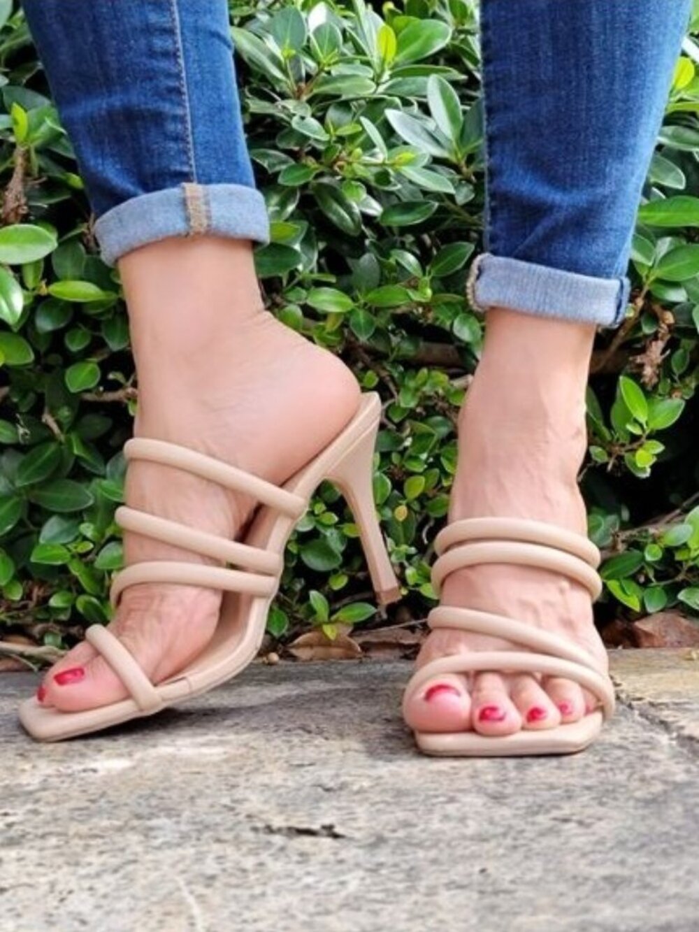 Women's Square Toe Nude Padded Strappy Stiletto Heel Sandals Slip On